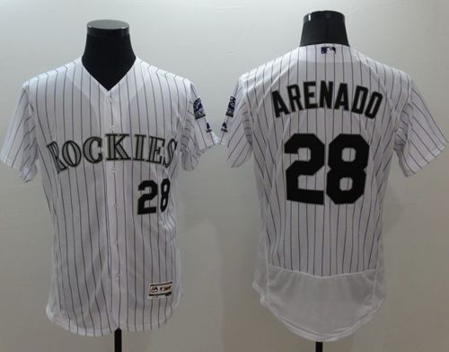 Rockies #28 Nolan Arenado White Strip Flexbase Authentic Collection Stitched MLB Jersey - Click Image to Close